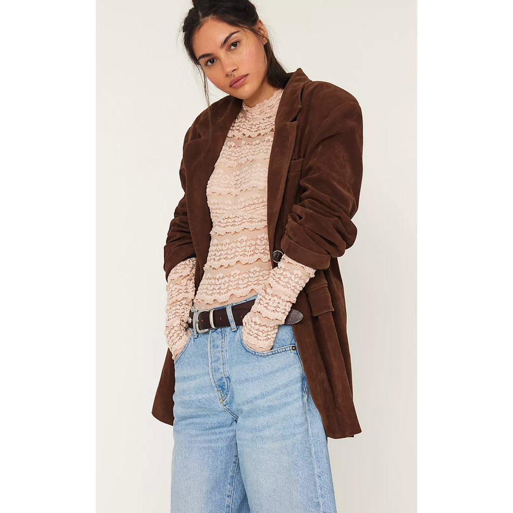 Free People We The Free Brown Bear Paper Cut Vegan Faux Suede Blazer Jacket Sz M View 2